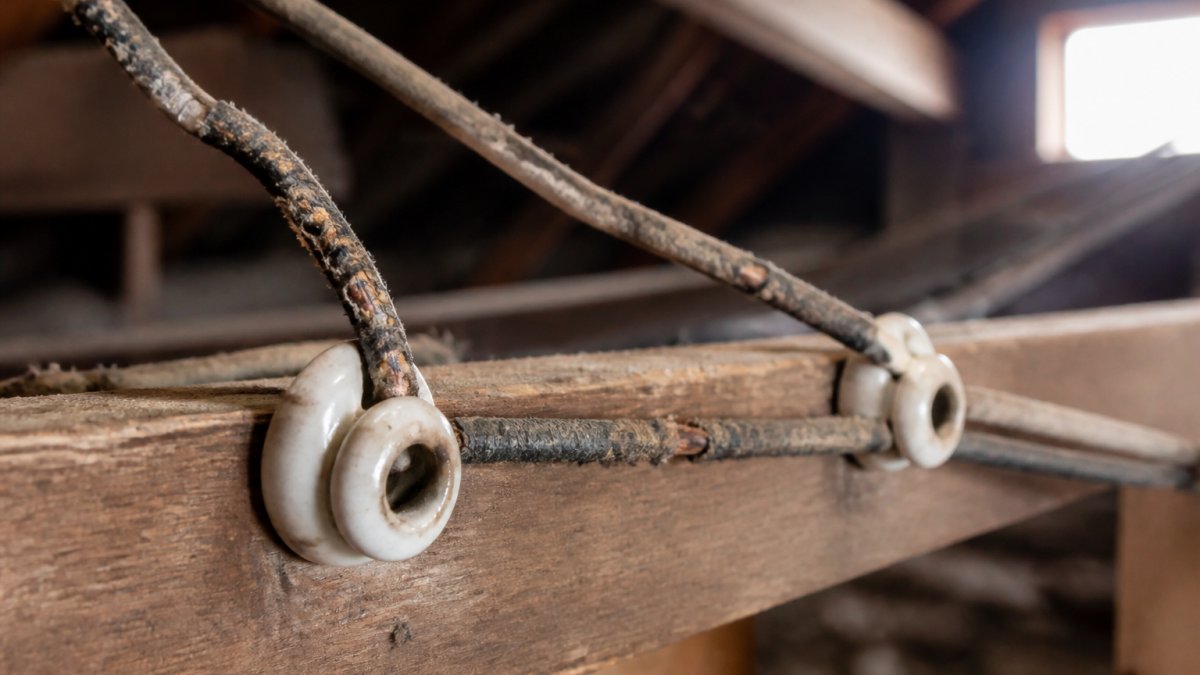 Close-up of deteriorated knob and tube wiring in an attic space, showing ceramic knobs holding cloth-wrapped copper wires with visible age discoloration and brittle insulation, natural light from attic window