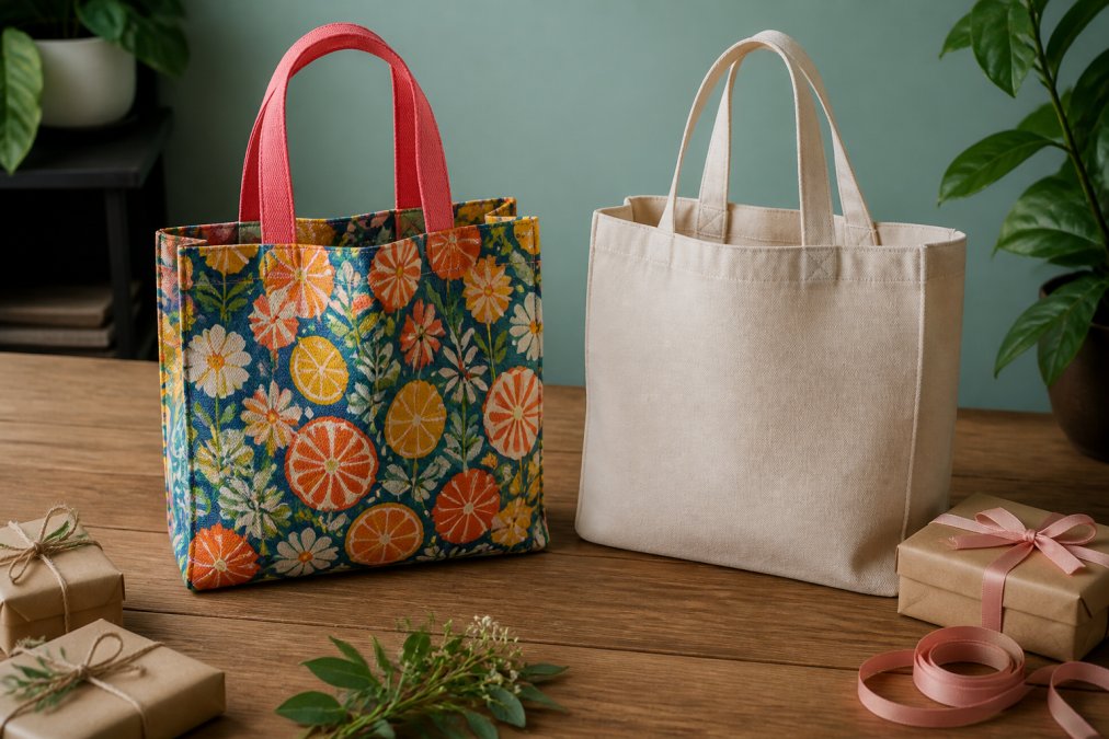 A flat lay of two distinct shopping bags on a wooden table. One bag is colourful with a retro pattern, the other is neutral-toned with minimalist branding, surrounded by small gift boxes and ribbon