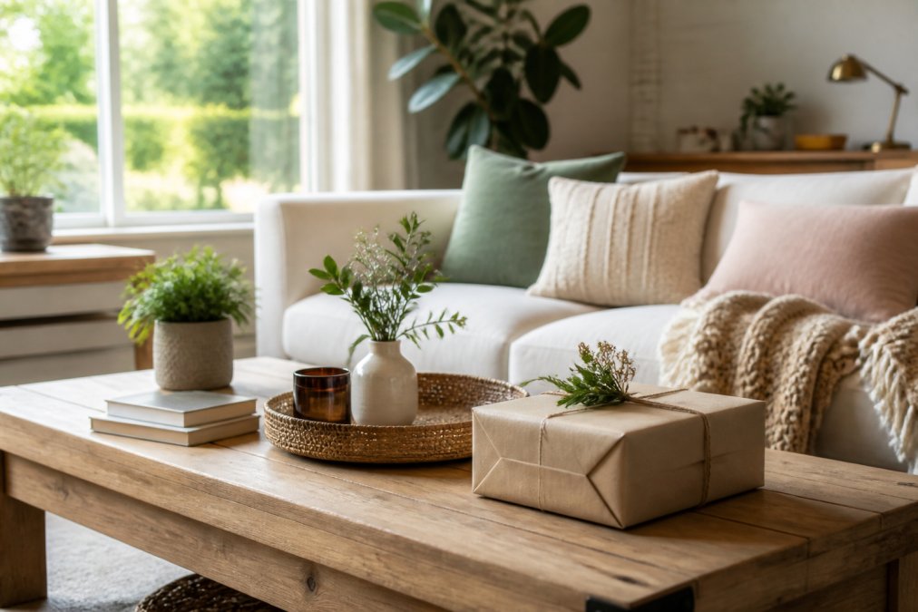A bright, welcoming living room with carefully arranged home accessories and a wrapped gift box on a wooden coffee table, natural light streaming through a large window