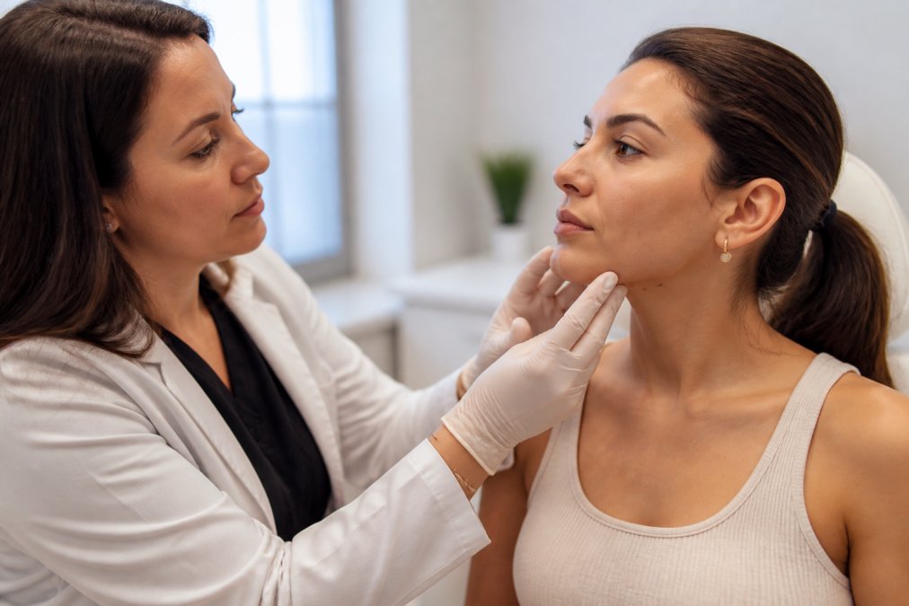 Nurse practitioner assessing skin texture during an RF microneedling benefits consultation in a clinic