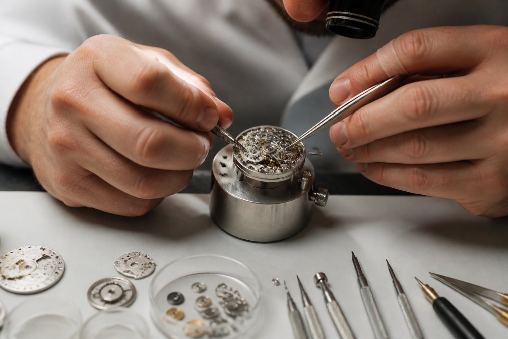 Close-up of a watchmaker's hands using precision tools to assemble a mechanical movement on a workbench, with small components and tweezers visible under bright workshop lighting