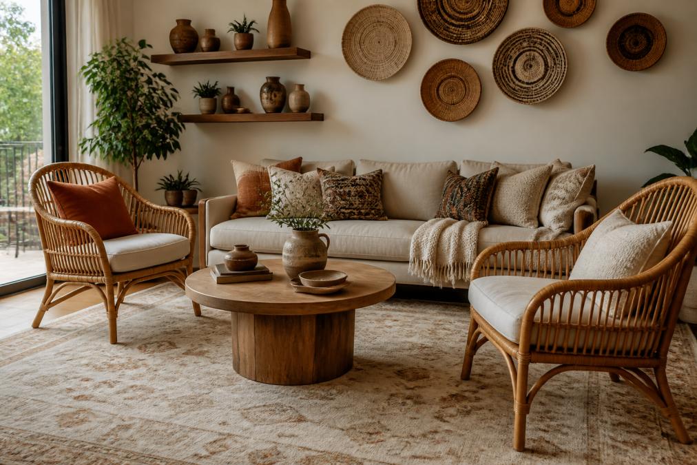 Well-styled bohemian living room featuring layered textures with rattan armchairs, a vintage-inspired area rug in beige tones, multiple throw pillows in earth tones and patterns, ceramic vases on floating shelves, and woven wall baskets creating depth and visual interest