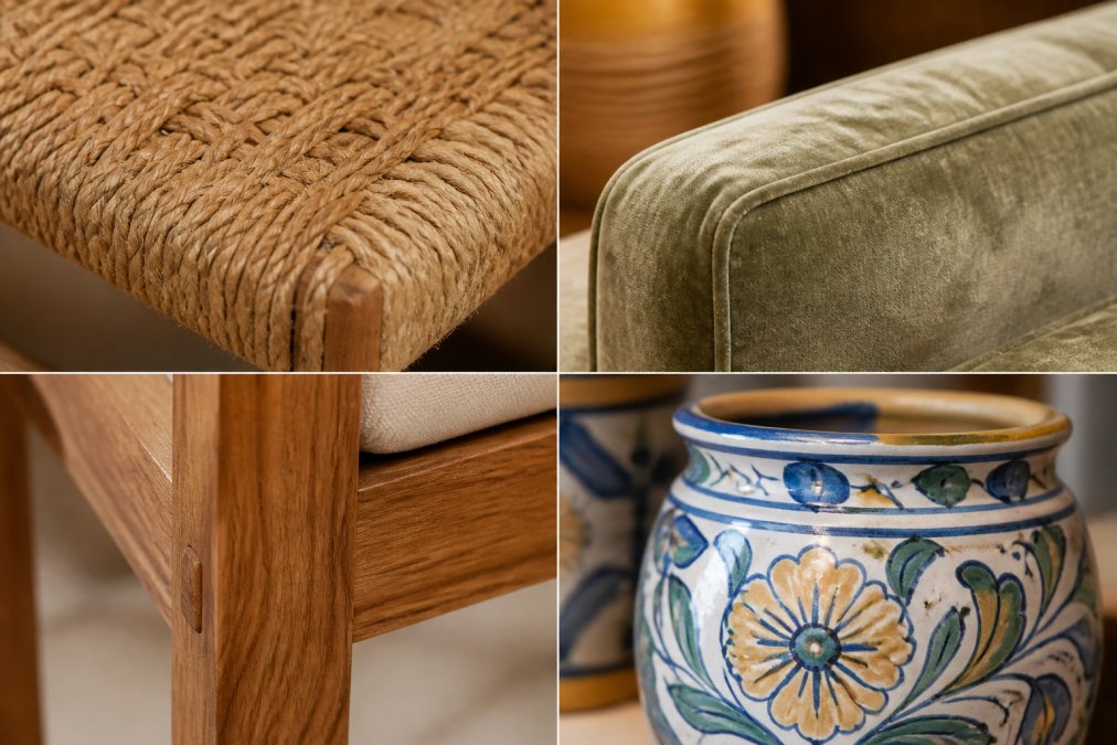 Close-up detail shots showing high-quality bohemian furniture materials including natural jute weave texture, soft velvet upholstery with visible pile, solid wood frame joinery and construction, and hand-painted ceramic artisanal details with visible brushwork