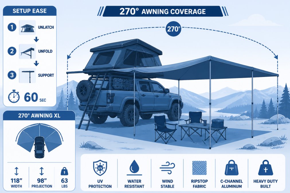 Fully equipped truck parked at a high-altitude mountain overlook with a 270-degree awning fully deployed, showing the setup ease and real-world shade coverage provided by the tent