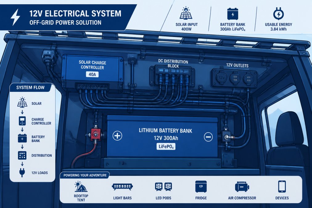 Close-up interior view of a vehicle showing organized 12V electrical components including a lithium battery bank, solar charge controller, and neatly labeled wiring harnesses mounted under a roof rack