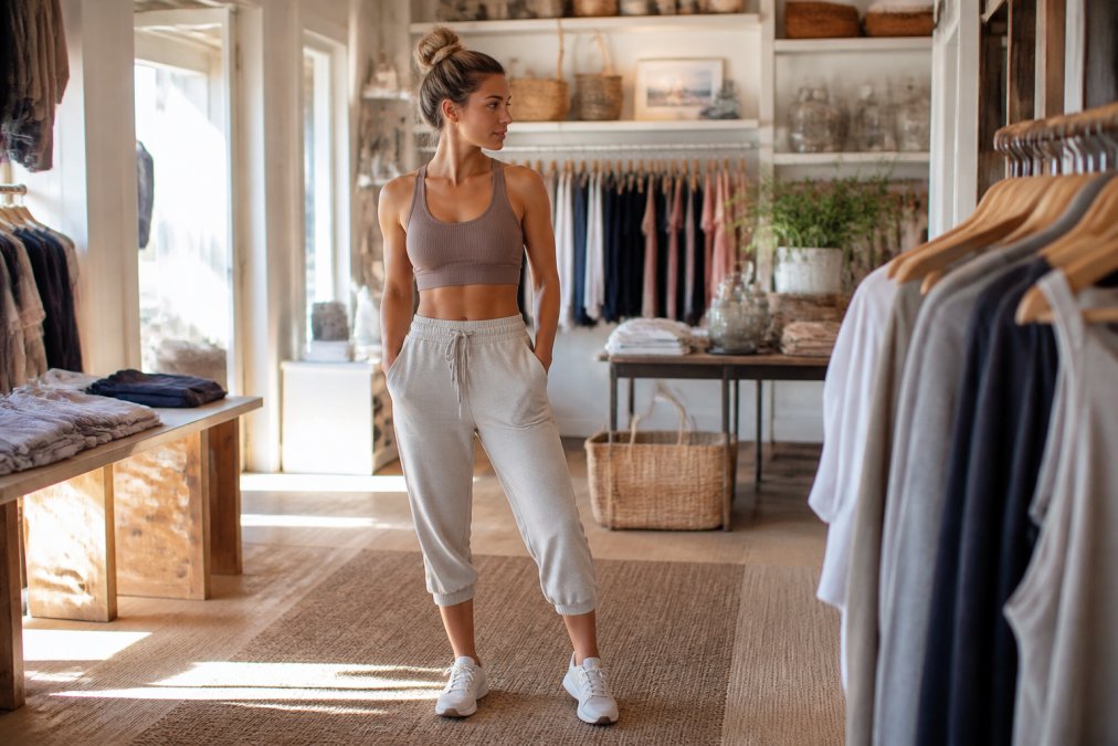 Woman wearing a ribbed sports bra and cropped joggers in a bright coastal boutique