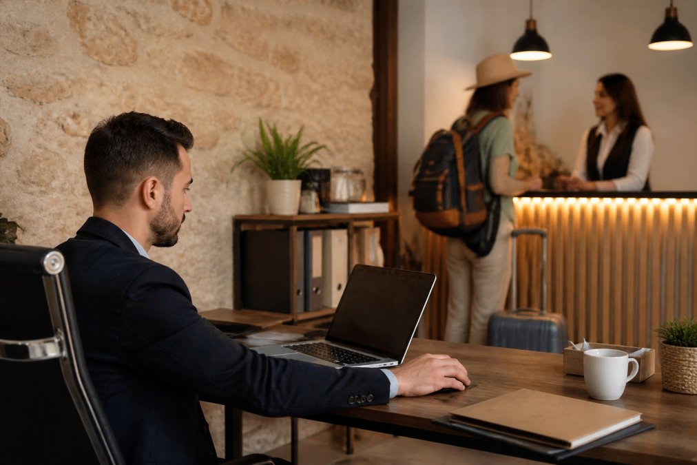 Hotel manager reviewing security protocols on a laptop in a small boutique hotel office, with guest check-in area visible in the background