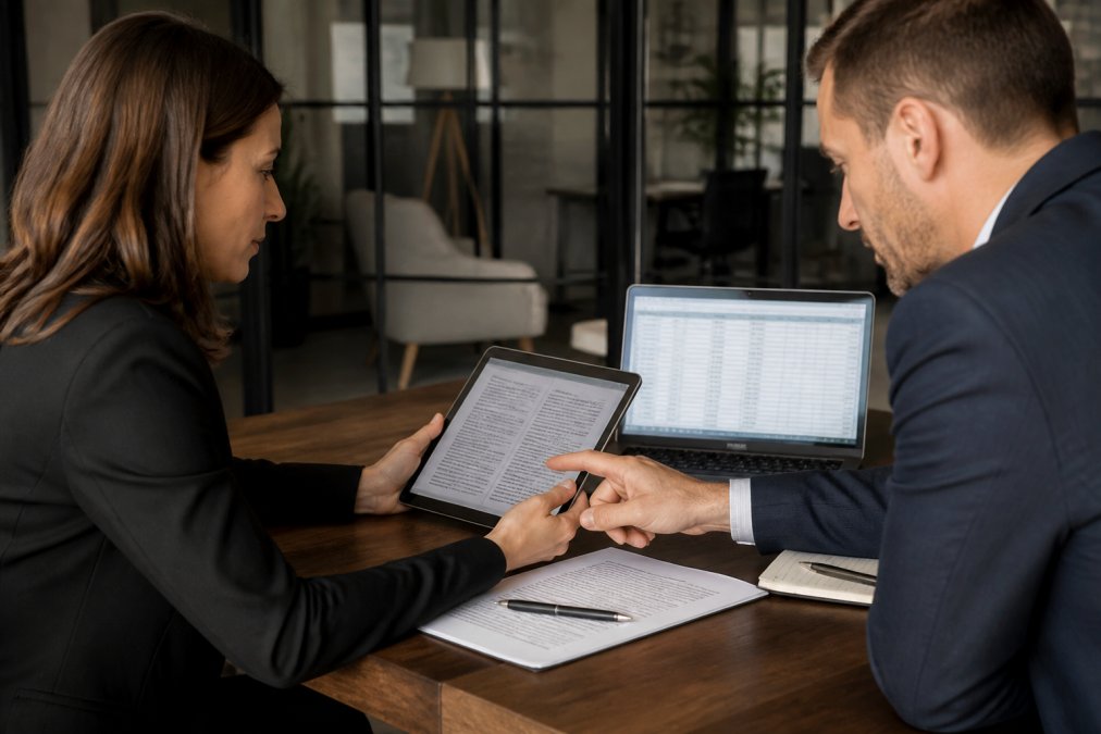 Two business professionals reviewing insurance policy documents on a tablet across a desk in a modern office, with a laptop showing a comparison spreadsheet in the background