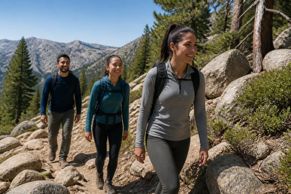 A group of friends in athletic apparel hiking up a scenic mountain trail, with a mix of trees and rocky terrain, smiling and enjoying the outdoors