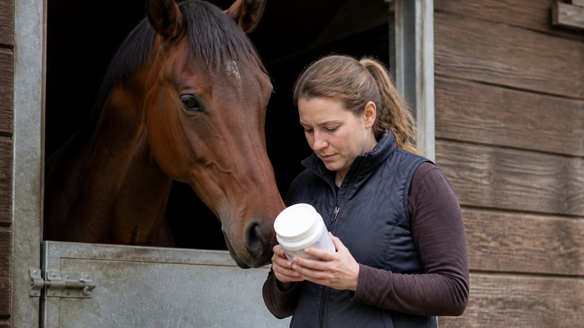 A horse owner in yard clothes holding a supplement tub beside a bay horse in a stable doorway, reading the label in natural daylight