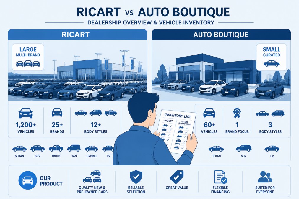 Two side-by-side dealership lots, a large multi-brand lot on the left and a smaller curated lot on the right, with a shopper comparing a printed inventory list