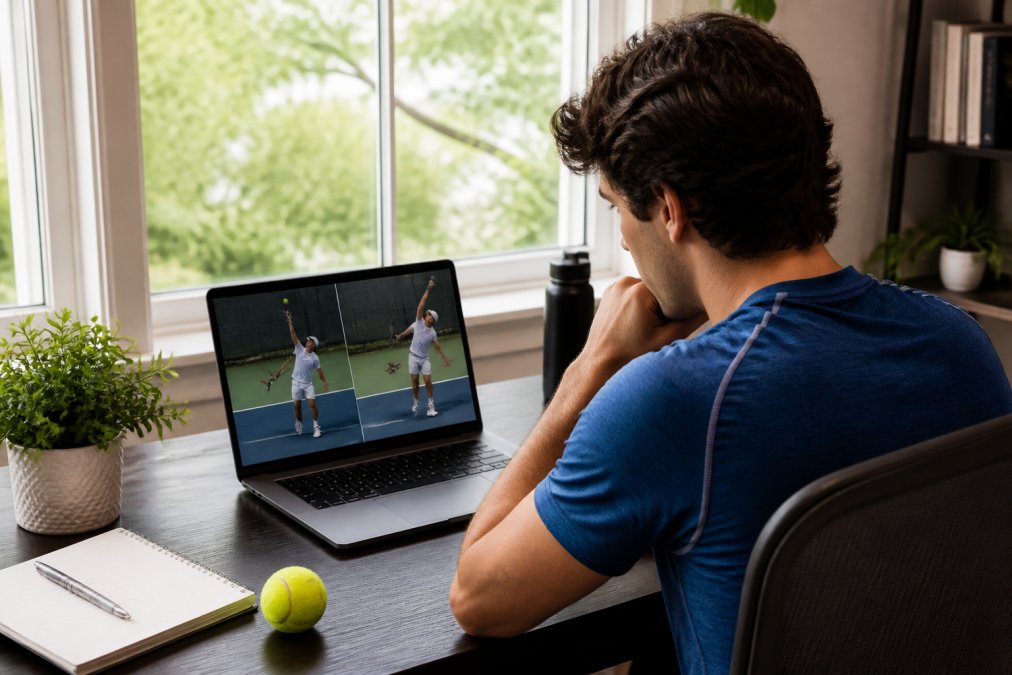 Competitive tennis player reviewing video analysis on laptop screen in home office, studying serve technique with coaching feedback overlaid on the footage, natural window lighting illuminating the workspace