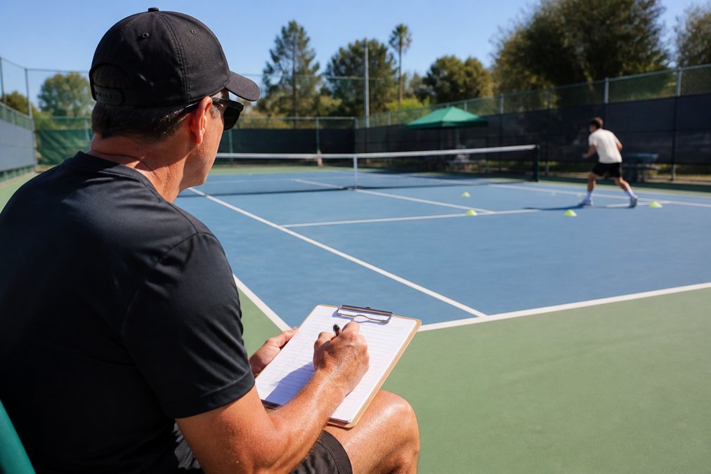 Tennis coach observing player during practice session on outdoor court, analyzing footwork and court positioning while taking notes, morning sunlight casting sharp shadows across the court