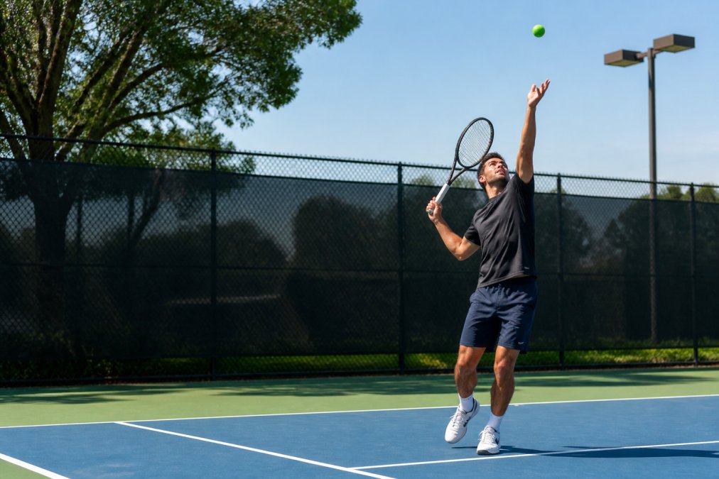 A competitive adult tennis player practicing a serve on a sunlit hard court, focusing with determination