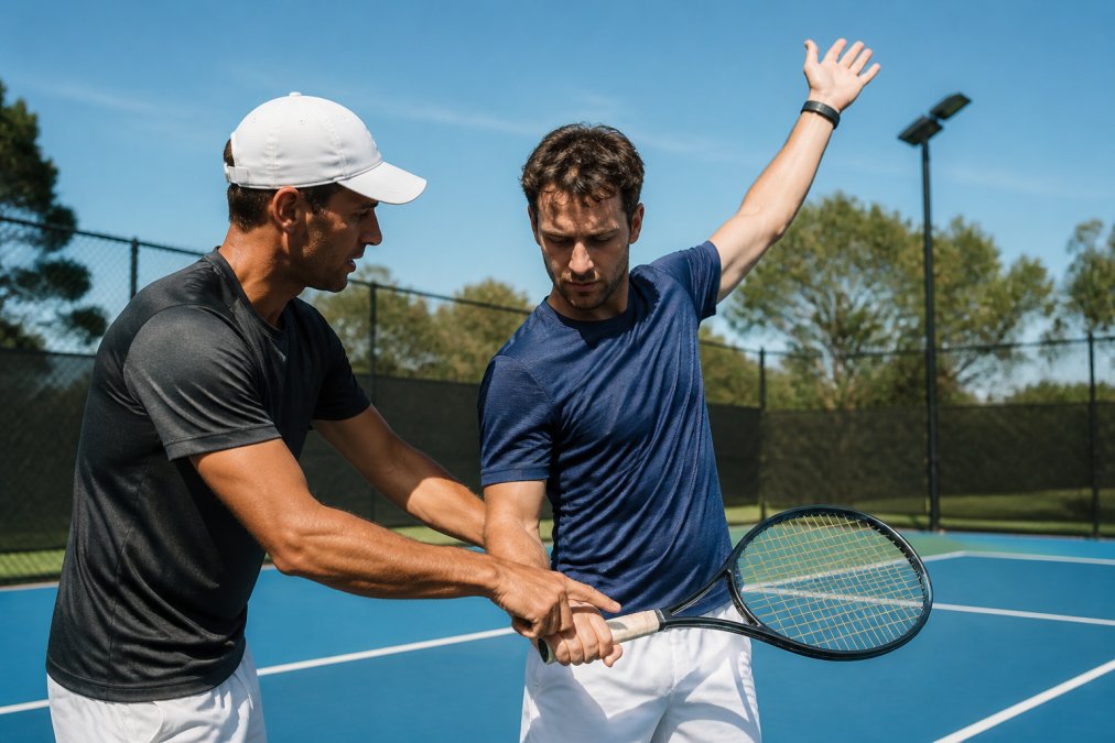 A tennis coach standing beside an adult player on a sunny court, pointing at the player's racket grip and demonstrating a serve technique during a one-on-one lesson
