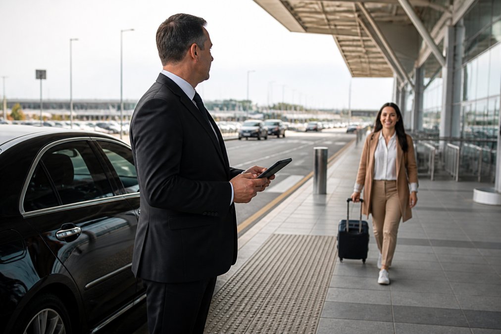 A professional chauffeur in a dark suit standing beside a black sedan at an airport arrivals kerb, holding a tablet showing flight status, with a traveler approaching with luggage in the background