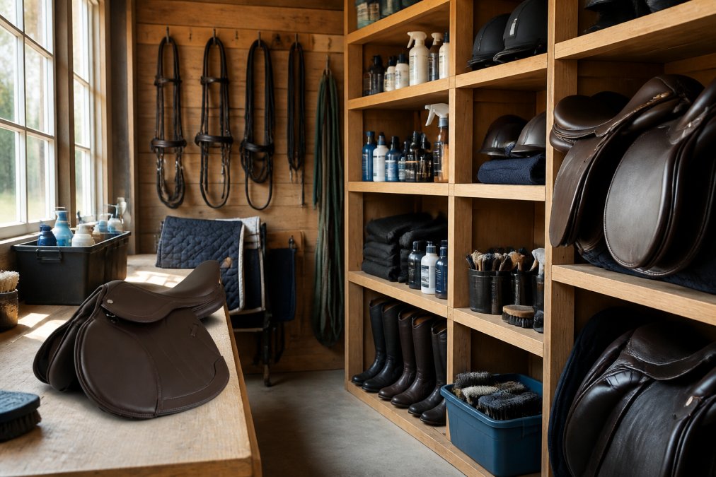 Organized barn tack room with neatly arranged saddles, bridles, grooming supplies, and equipment on shelves and hooks, natural light from windows, wooden shelving