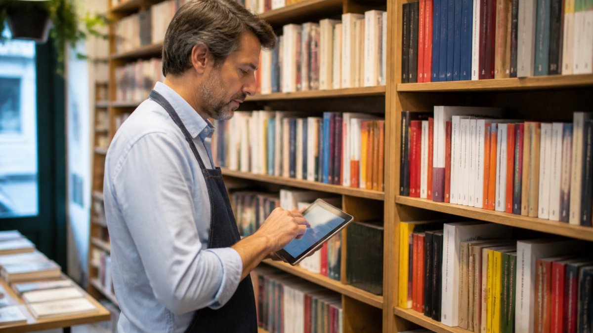 Libraio indipendente che controlla su un tablet le scorte di uno scaffale di libri in una libreria di quartiere, con volumi ordinati per genere sullo sfondo