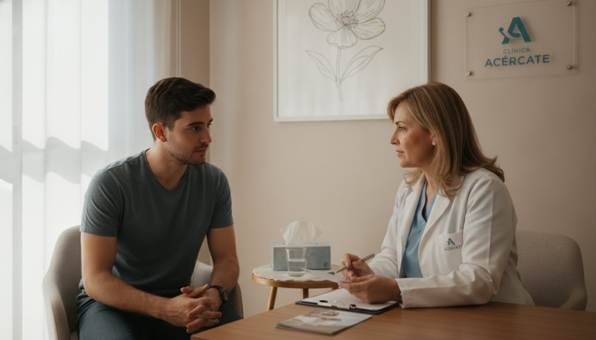 Profesional de la salud explica resultados médicos a un paciente para prevenir los riesgos de no tratar ITS en consulta