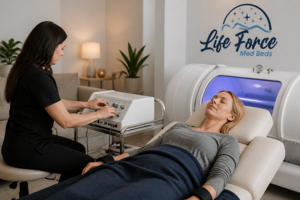 Professional demonstrating rife frequency therapy technique with patient in modern clinical wellness setting, with soft ambient lighting and comfortable seating arrangement