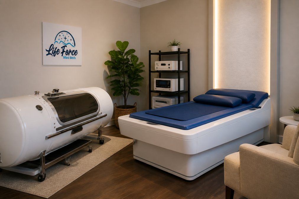 Modern wellness center interior showing integrated therapeutic equipment setup with professional medical aesthetic, clean environment, and soft professional lighting