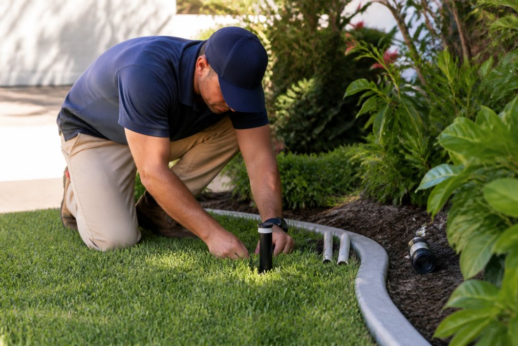 Professional technician installing modern irrigation system components in residential garden, with sprinkler heads visible among lush green lawn and garden beds, natural daylight