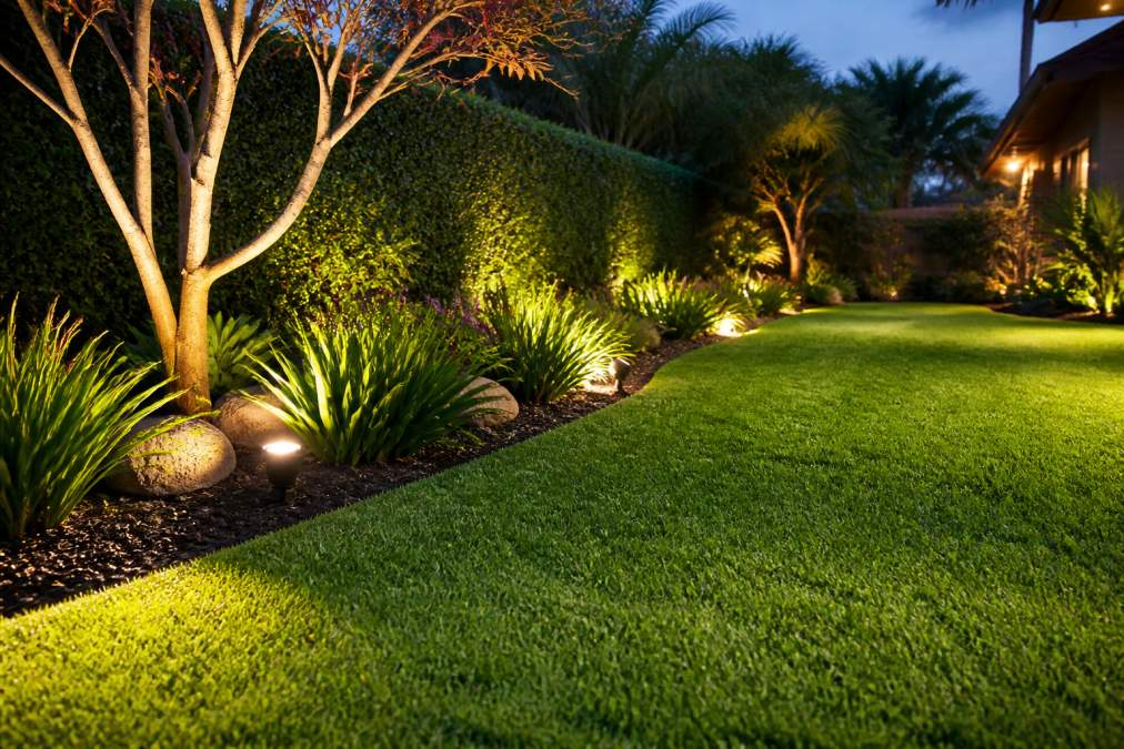 Lush, vibrant green lawn in evening light with professional garden lighting highlighting healthy turf and garden beds, demonstrating results of proper irrigation maintenance
