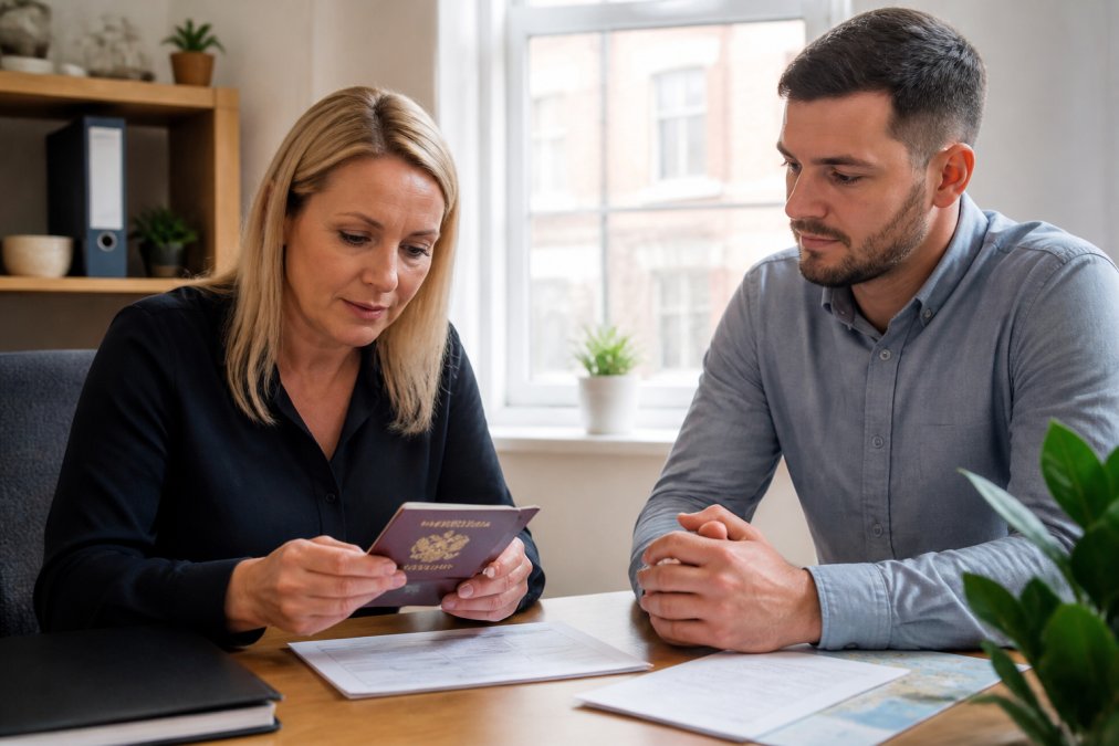 Professional landlord or letting agent reviewing tenant documents including passport and proof of address at desk with natural lighting, examining paperwork carefully