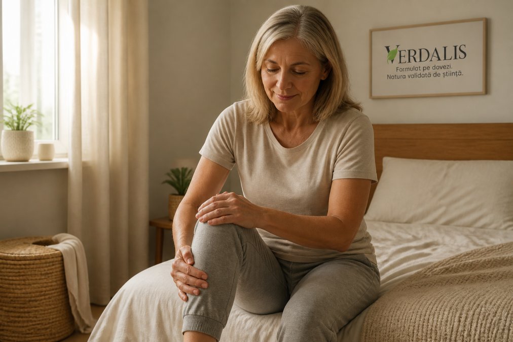 A person in their 50s sitting on the edge of a bed in soft morning light, gently stretching their knees and hands, calm and unhurried, warm bedroom setting