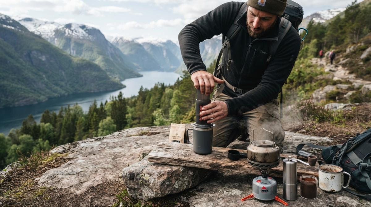 En rejsende kaffeentusiast, der brygger kaffe med en håndholdt AeroPress ved et campingsted med skov og telt i baggrunden, morenlys gennem træerne