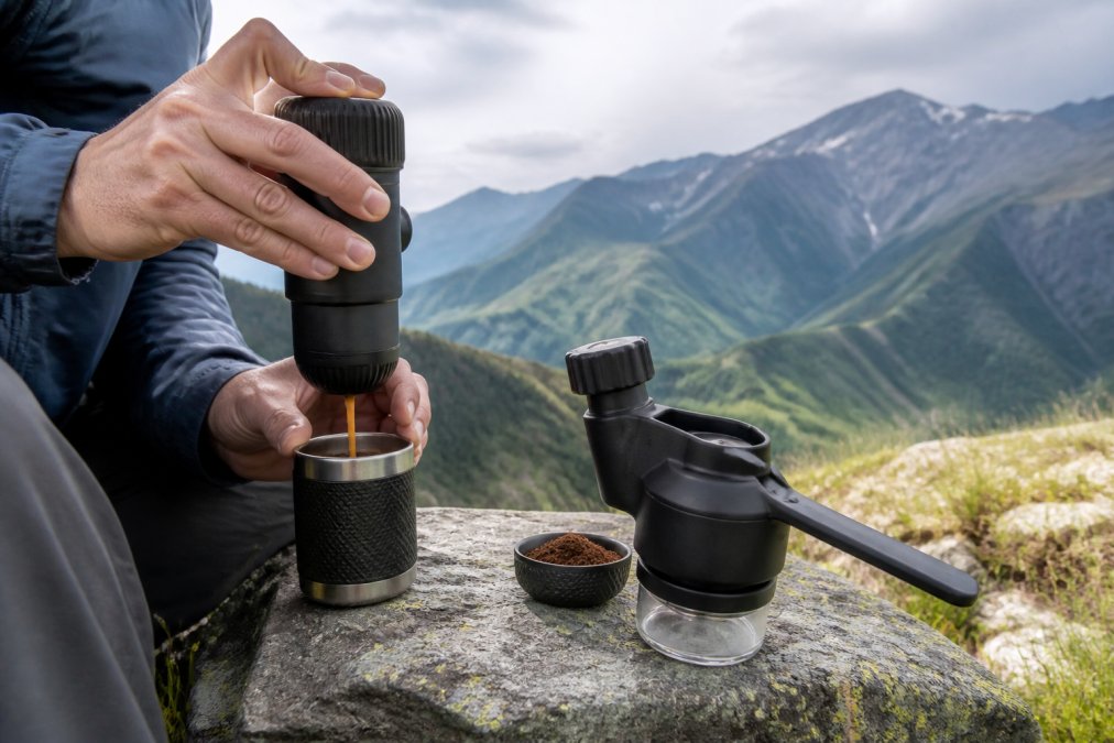 Close-up af hænder, der bruger en manuel espressomaskine i et campingmiljø med telt og bjerge i baggrunden