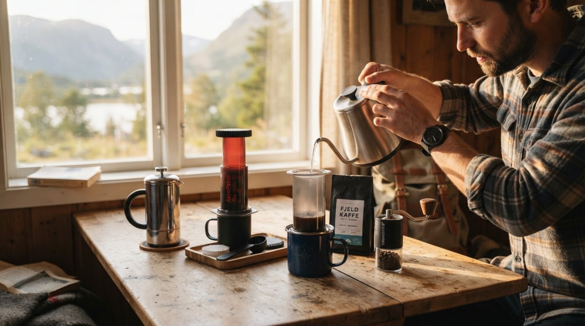 Traveler using an AeroPress Go coffee maker outdoors on a hiking trail with mountains in background, steam rising from the brewer, camp stove nearby with morning light