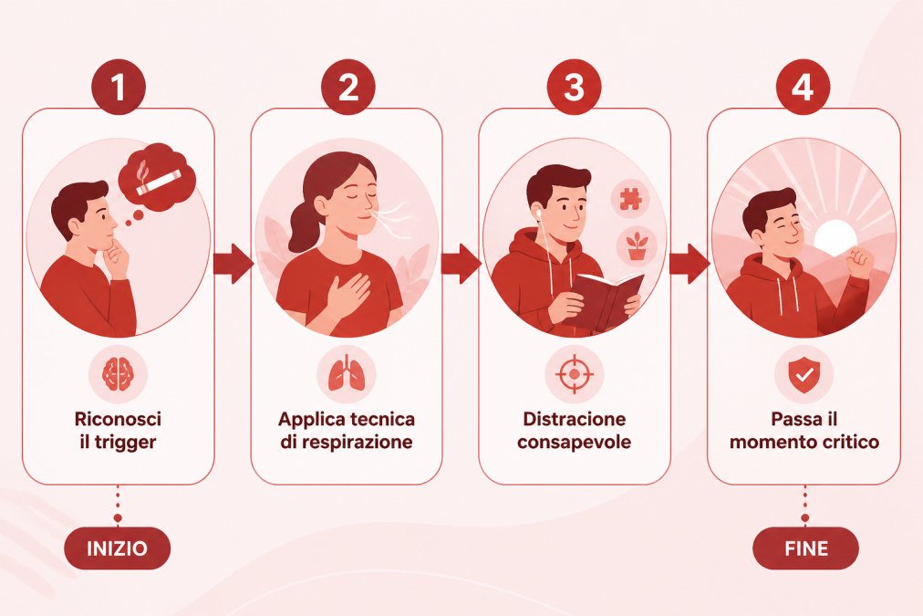 Flowchart showing 4-step craving management: Riconosci il trigger → Applica tecnica di respirazione → Distrazione consapevole → Passa il momento critico