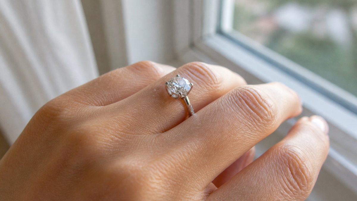 Close-up of an elegant diamond ring on a woman's hand, showing the setting details and how light reflects through the stone with natural window lighting
