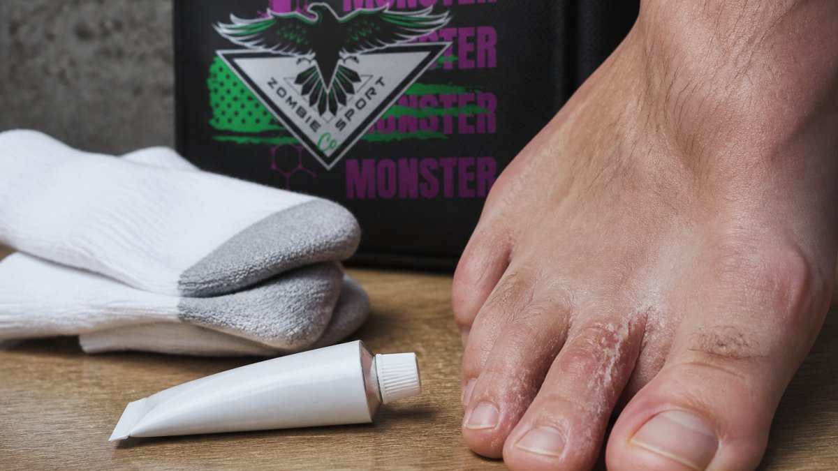 A close-up of a foot with peeling, cracked skin between the toes next to a tube of topical antifungal cream and a clean pair of socks, illustrating site-specific treatment for tinea pedis
