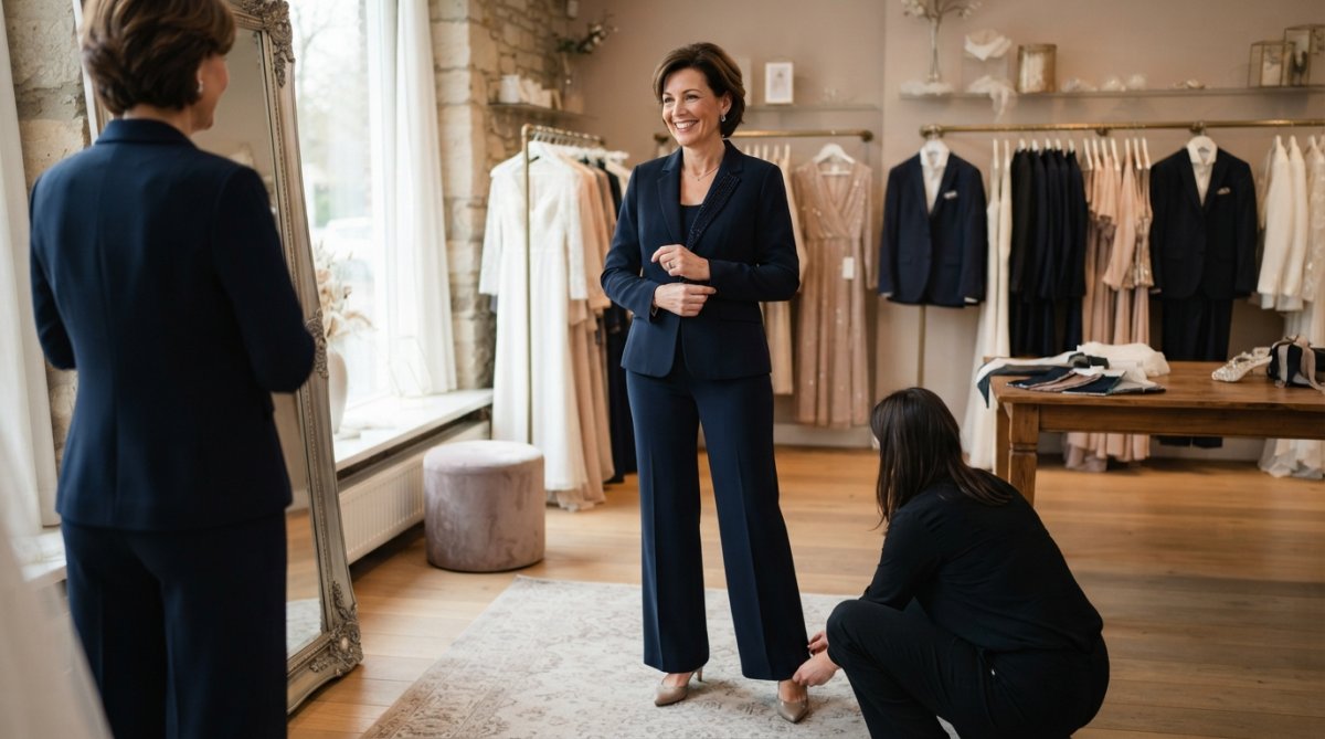 Elegante bruidsmoeder in een chique marineblauw broekpak met zijden blouse, staand op een bruiloft naast andere gasten in jurken, natuurlijke buitenlighting