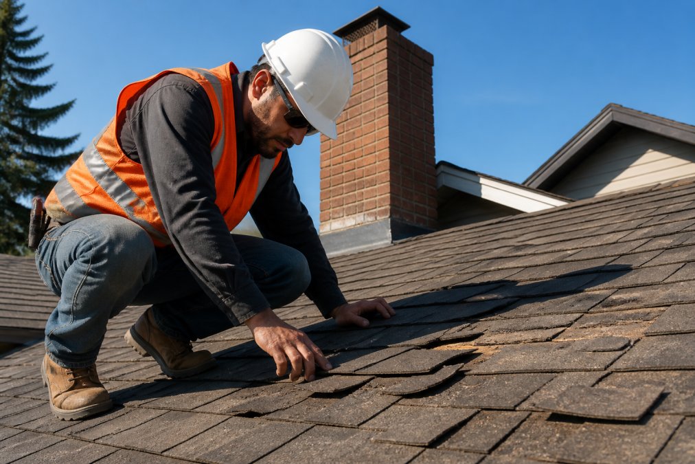 A roofing contractor in a bright orange safety vest and hard hat crouching on a residential roof to examine shingles up close, sunlight casting shadows across the damaged surface on a clear day