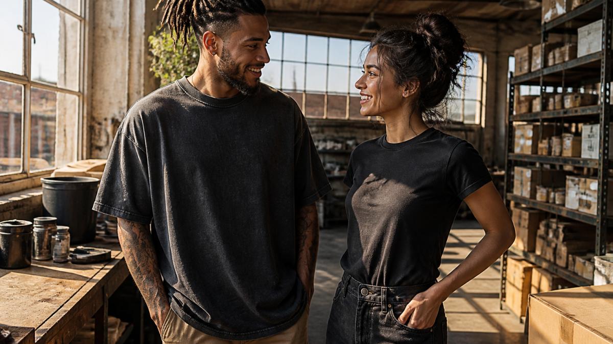Two young adults wearing motivational graphic tees standing in an urban setting during daylight.