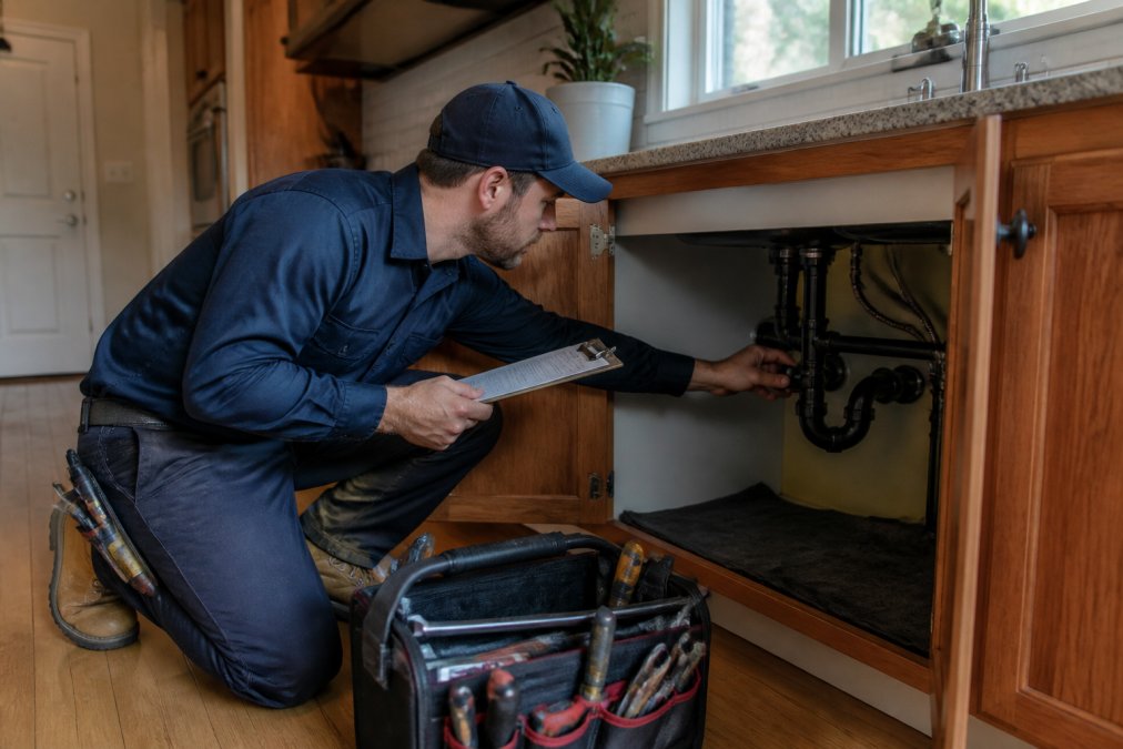 Licensed plumber inspecting kitchen sink pipes during a plumbing comparison service visit