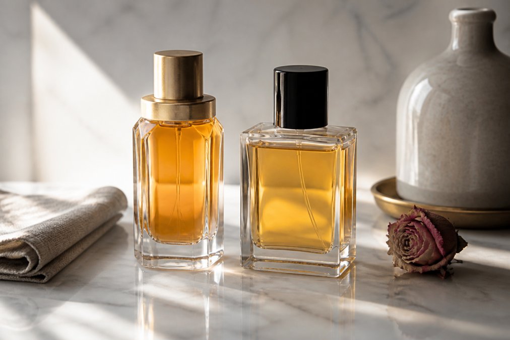 Two elegant glass perfume bottles placed side by side on a white marble vanity, soft morning light catching the amber liquid inside each bottle, a folded linen cloth and a single dried rose beside them, subtle reflection on the polished stone surface