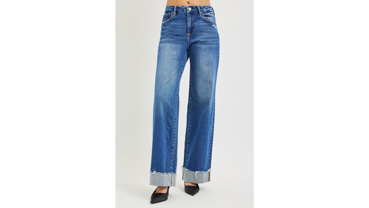 RISEN High Rise Wide Leg Jeans With Cuffed Hem