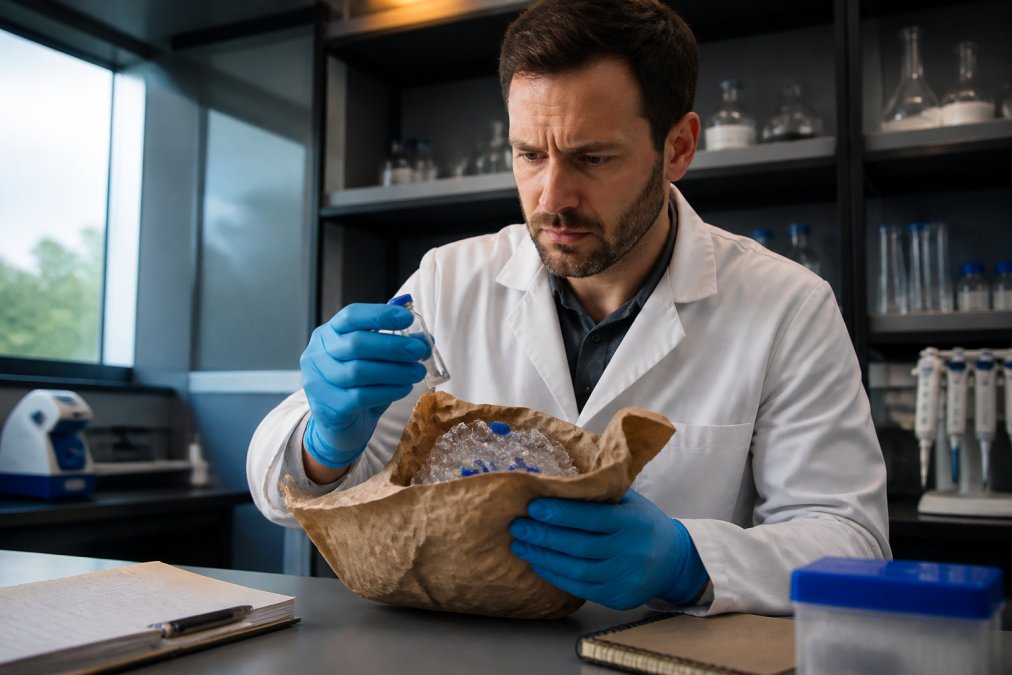 Onderzoeker die voorzichtig peptideflessen uit een ongebruikelijke verpakking haalt, met een bezorgde uitdrukking, op een laboratoriumtafel met notitieblokken