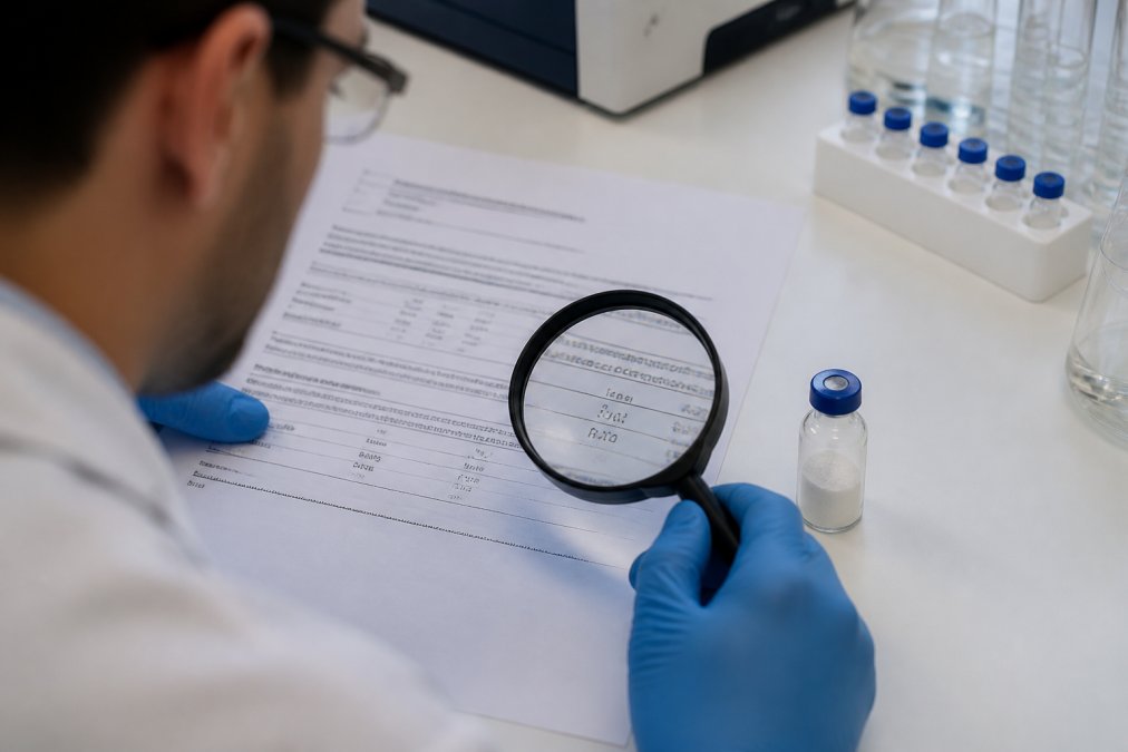 Close-up van een wetenschapper die een gedetailleerd CoA-document bestudeert met een loep naast een peptideflacon en laboratoriumapparatuur op een witte werkblad