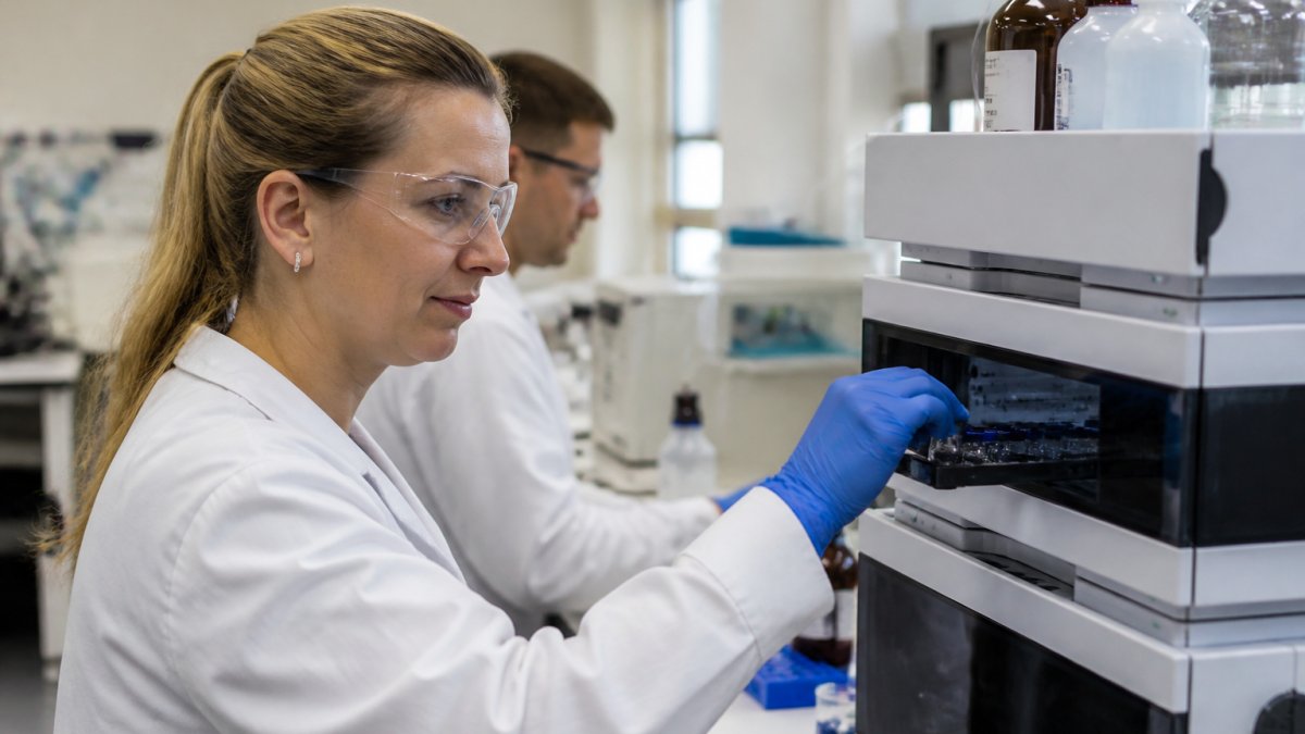 Professional demonstrating HPLC-verificatie peptiden technique in modern research laboratory setting with precision equipment and natural lighting