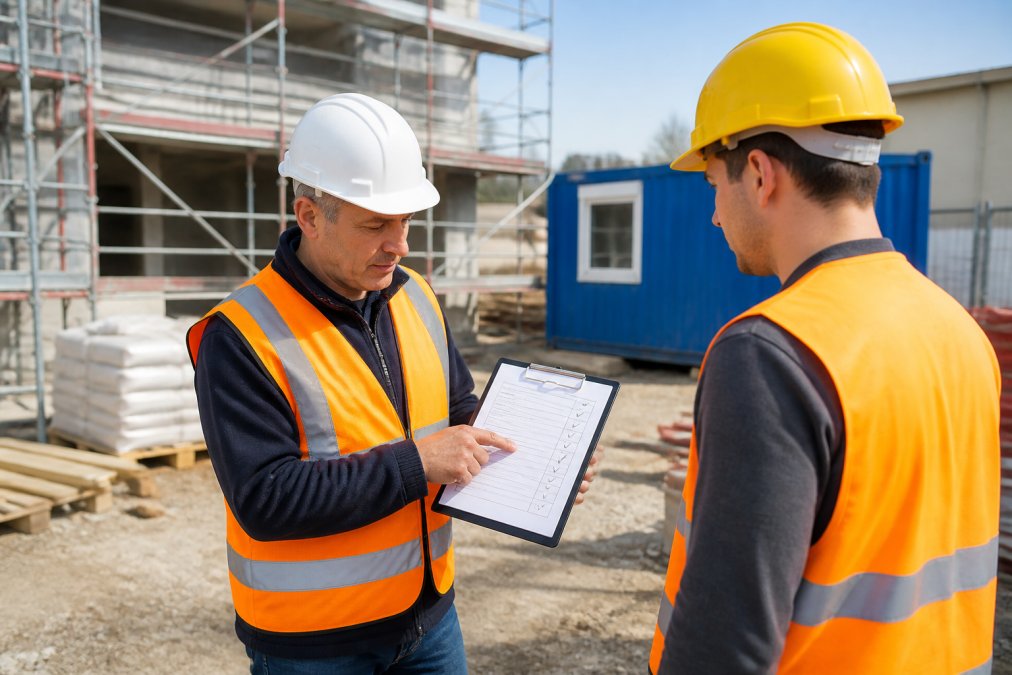 Ein Bauleiter mit Helm und Warnweste zeigt einem Arbeiter auf einer Baustelle eine Checkliste auf einem Klemmbrett, im Hintergrund ein Gerüst und Baucontainer bei Tageslicht