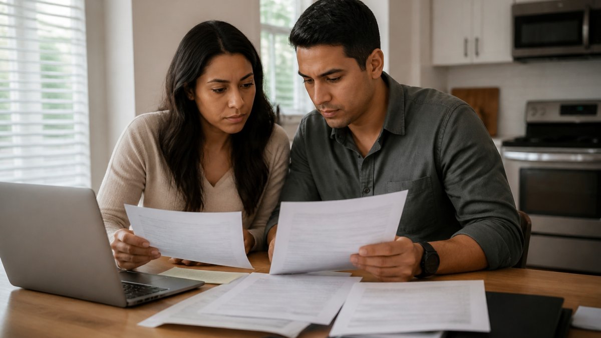 A couple sitting at a kitchen table with a laptop, pay stubs, and a folder of documents, reviewing income paperwork together in a bright home