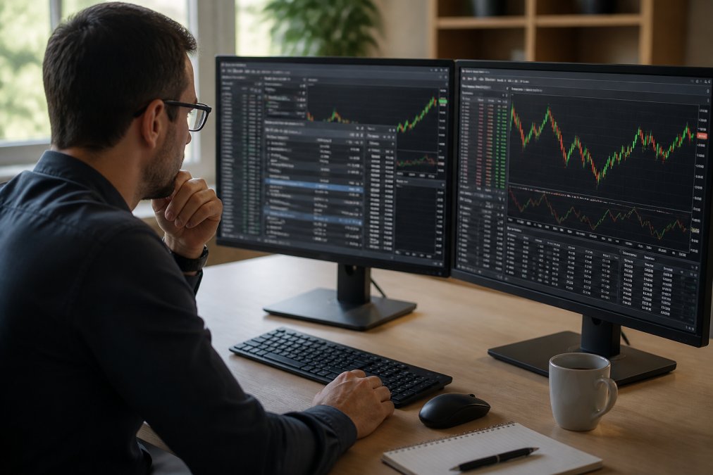 Professional trader sitting at desk with dual monitors displaying MT5 platform showing position sizing calculations, account balance information, and live price charts in natural office lighting