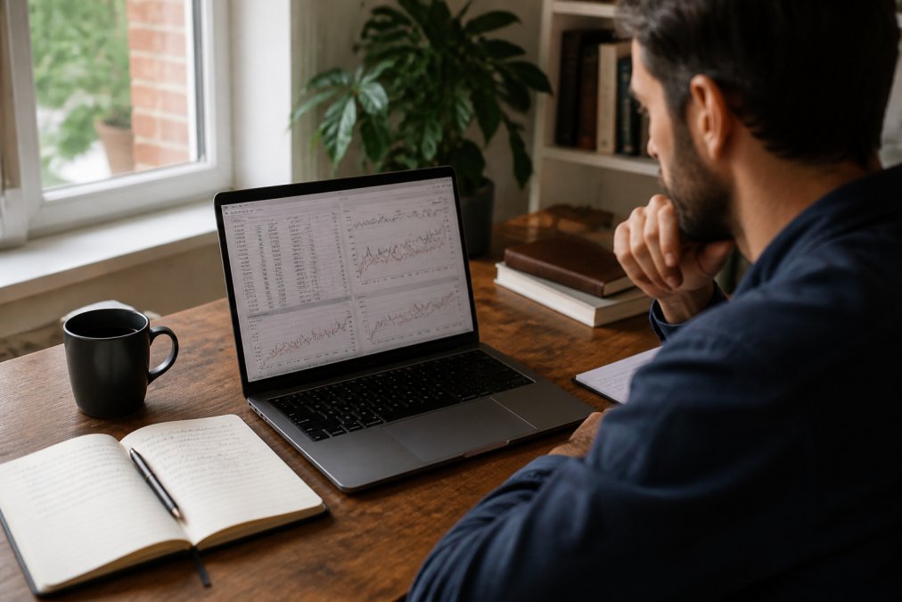 Professional trader reviewing historical price data and backtest results on laptop screen, with notebook and trading journal visible on desk in natural lighting