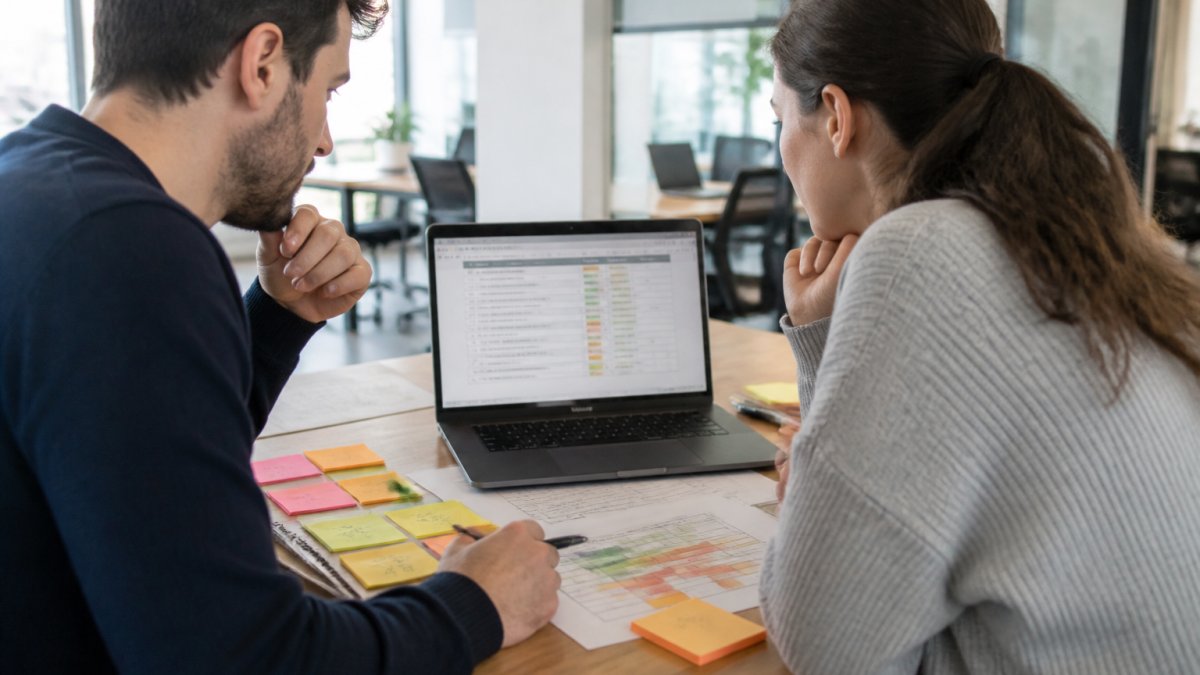 A project manager and developer reviewing a risk register on a laptop screen in a bright modern office, sticky notes and printed sheets on the desk