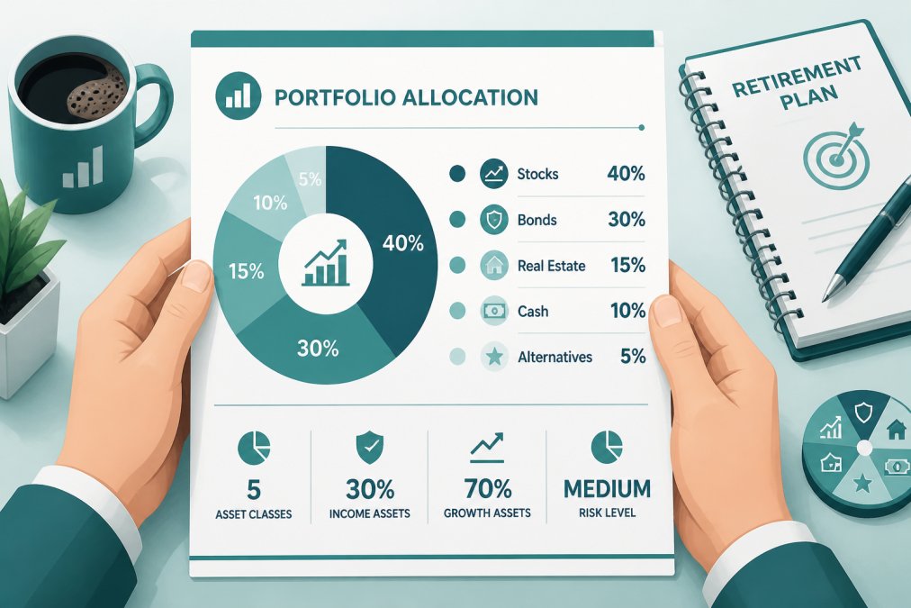 Close-up of hands holding a diversified investment portfolio statement showing asset allocation percentages, with a coffee cup and financial planning notebook on a desk